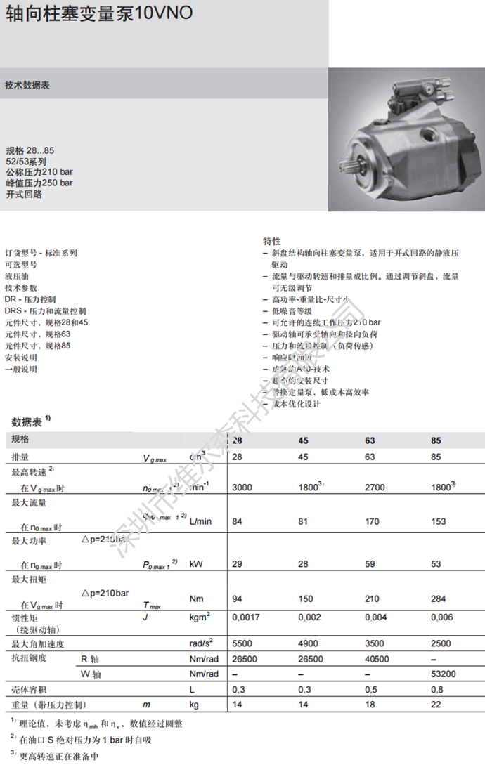 A10VNO系列力士樂柱塞泵參數